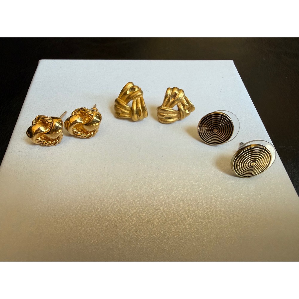 Vintage Gold Tone Stud Earring‎ Set Knot Triangle Spiral 3 Pairs Womens Jewelry